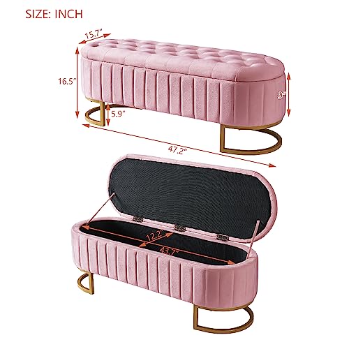 GERRIT Oval Storage Ottoman Bench with Button-Tufted, Velvet Upholstered Storage Bench with Metal Legs, End of Bed Ottoman Bench for Bedroom,Living Room,Fully Assembled Except Legs (Beige)