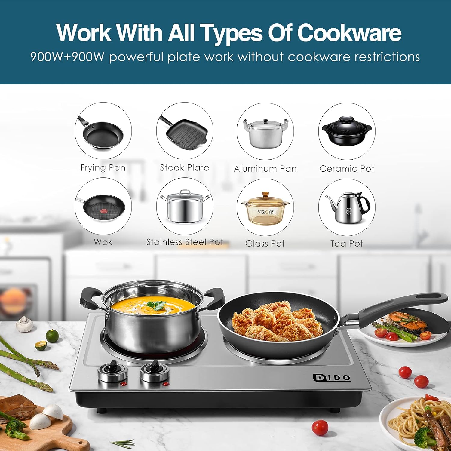 DIDO 1800W Hot Plate, Portable Electric Stove Countertop Cast-Iron Double Burner with Adjustable Temperature& Anti-Slip Feet, Stainless Steel Cooktop for Home/Camp/RV, Compatible for All Cookwares