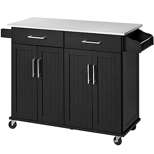 Yaheetech Kitchen Island Cart with Storage & Stainless Steel Countertop, Portable Kitchen Island on Wheels with Cabinet & Adjustable Shelves & 2 Drawers, Rolling Island Table for Kitchen, White