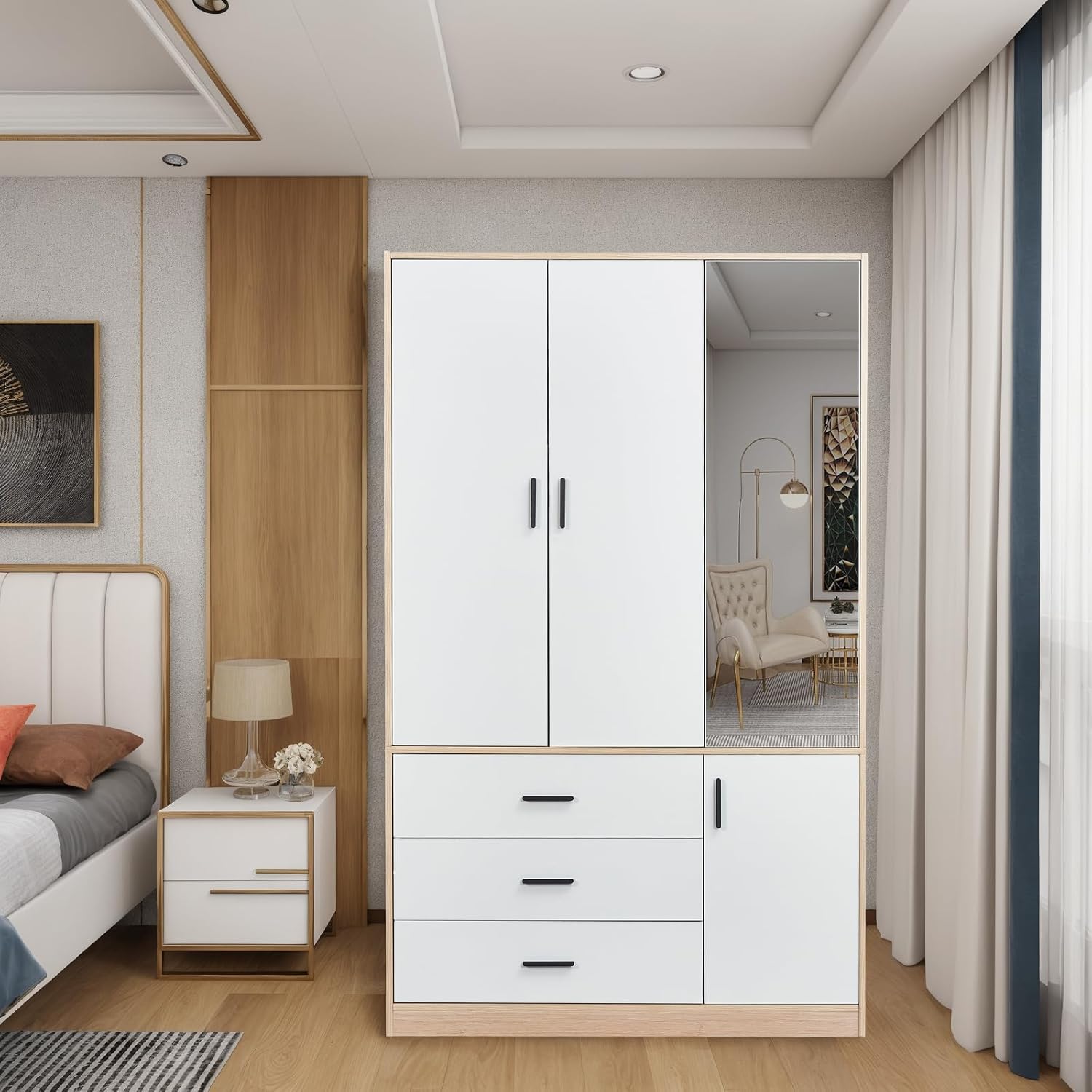 Wardrobe Closet, Armoire Wardrobe Closet with 3 Drawers, Bedroom Armoires with 2 Doors, Closet Cabinet with a Mirror, Wardrobe Closet with a Big Storage Cabinet, Wooden Closet for Bedroom