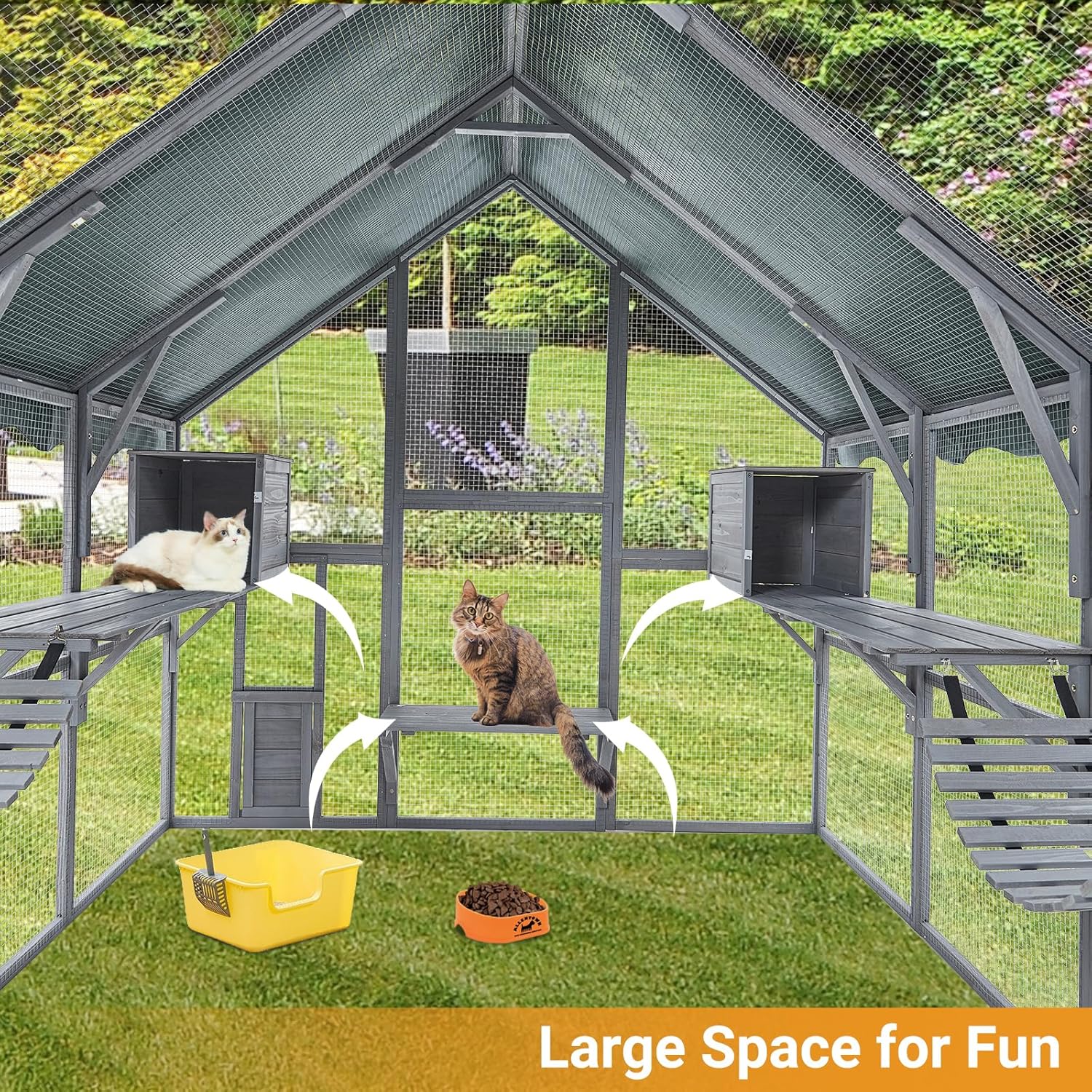 Large 3-Tier Outdoor Cat House, Small Animal Enclosure with 2 Lockable Cat Doors and a Walk in Door, Large Catio with Half Waterproof Cover, Portable Kitty House with Resting Boxes