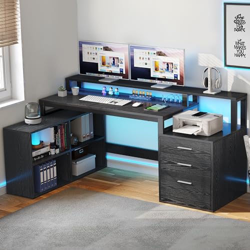 DWVO L Shaped Desk with Power Outlets & LED Lights, 65" Computer Desk with Drawers, Corner Desk Office Desk with File Cabinet & Printer Stand, Black