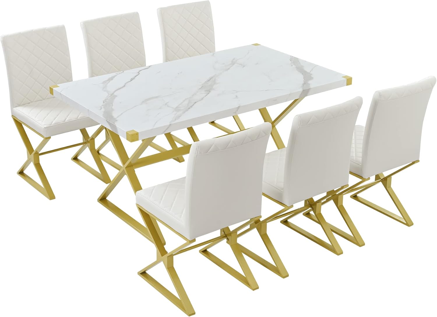 RITSU Modern 7-Piece Dining Table Set, Rectangular Marble Texture Surface and 6 Pu Leather Chairs, X-Shaped Golden Steel Tube Legs, Suitable for Living Rooms, Apartments, White, 60inch