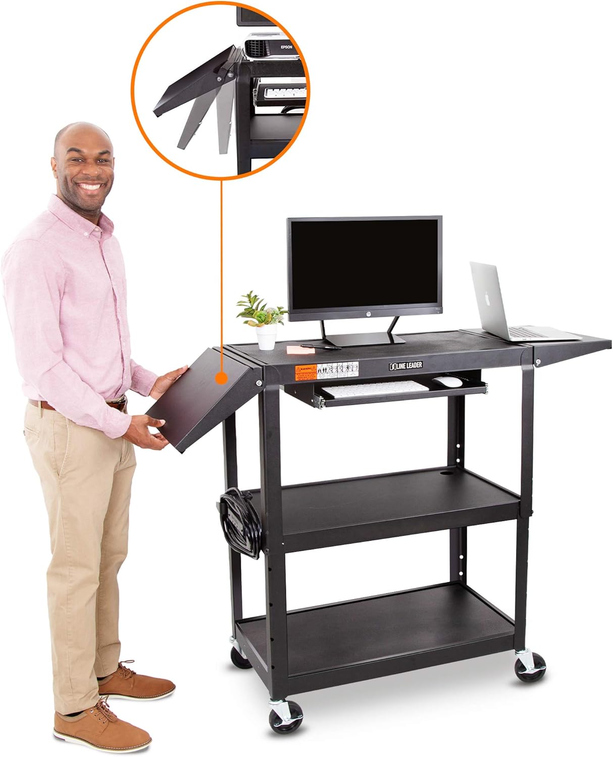 Line Leader Large AV Cart with Drop Leaves | Height Adjustable Utility Cart | Includes Pullout Keyboard Tray & Cord Management | Easy Assembly (54in x 18in x 42in / Black)