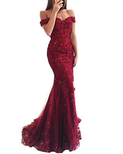 SDRESS Crystals Lace Appliques Cap Sleeve Off Shoulder Mermaid Prom Party Dress