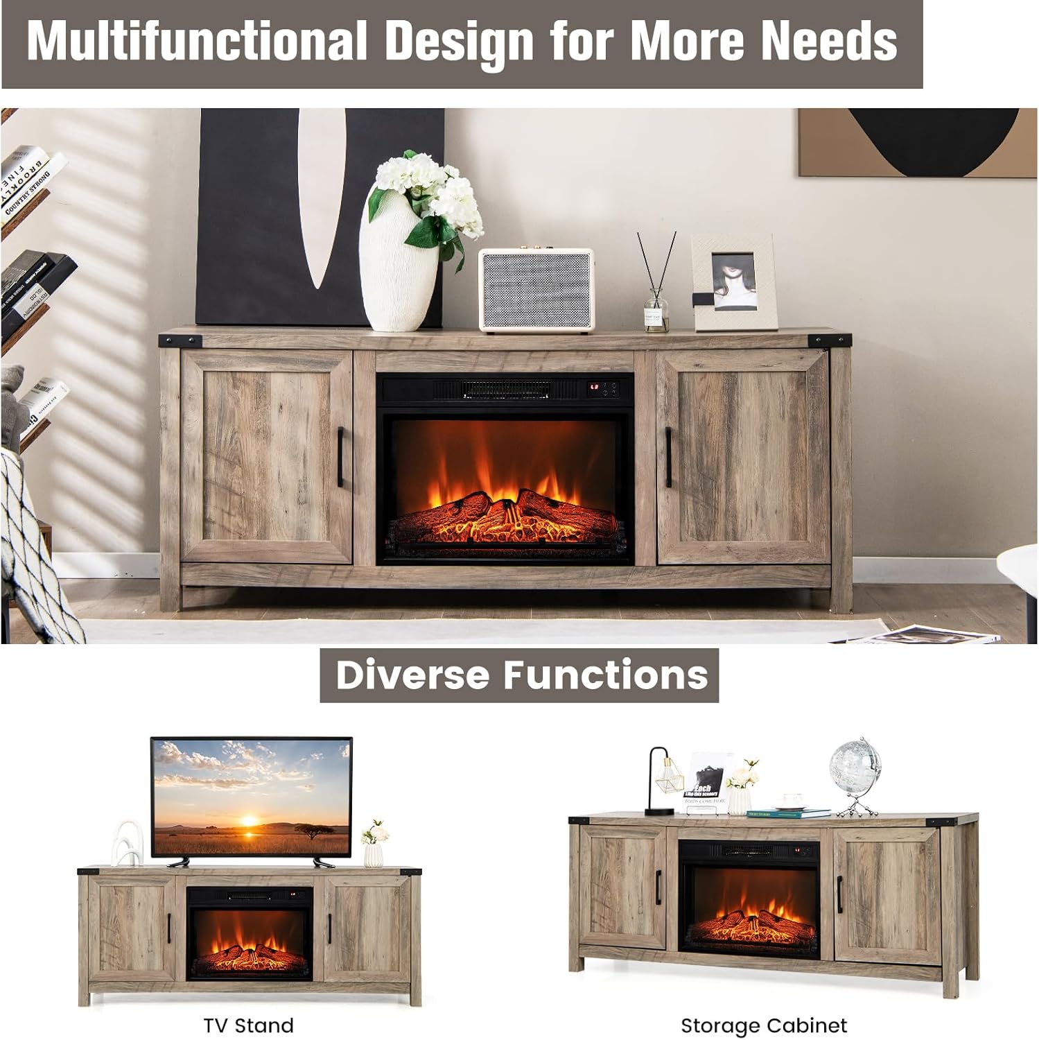 COSTWAY Electric Fireplace TV Stand for TVs up to 70 Inches, Farmhouse Media Entertainment Center Table with Storage Cabinets, Electric Fireplace TV Console with Remote Control for Living Room Bedroom