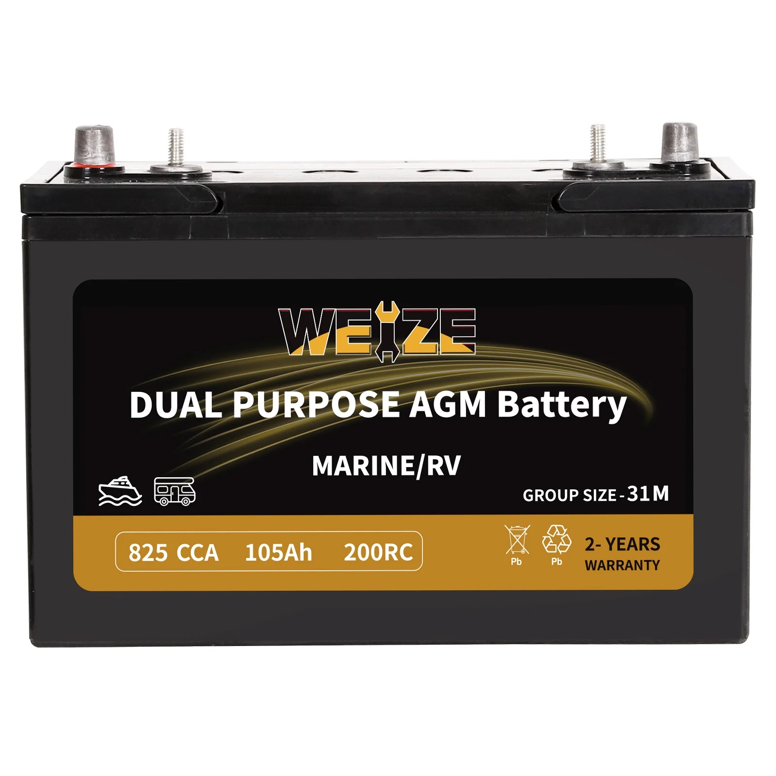Weize 12V 105AH Dual Purpose AGM Battery, 200RC 825CCA BCI Group 31M Starter & Deep Cycle Sealed Marine & RV Battery