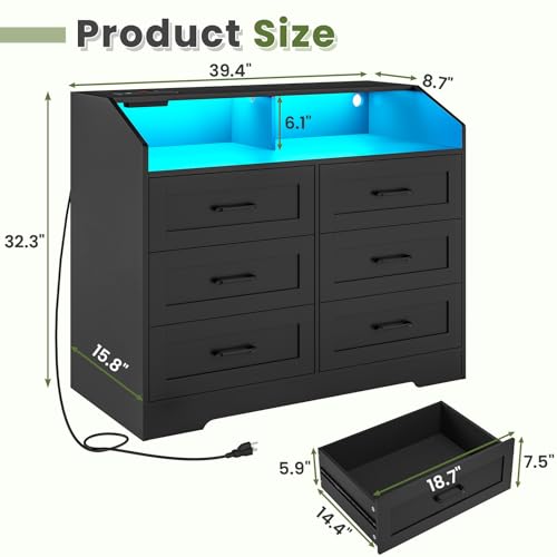 Hasuit White 6 Drawers Dresser with LED Lights and Charging Station, Modern Wood Bedroom Storage Tower Clothes Organizer, Chest of 6 Drawers Storage Cabinet with Deep Drawers for Bedroom, Living Room