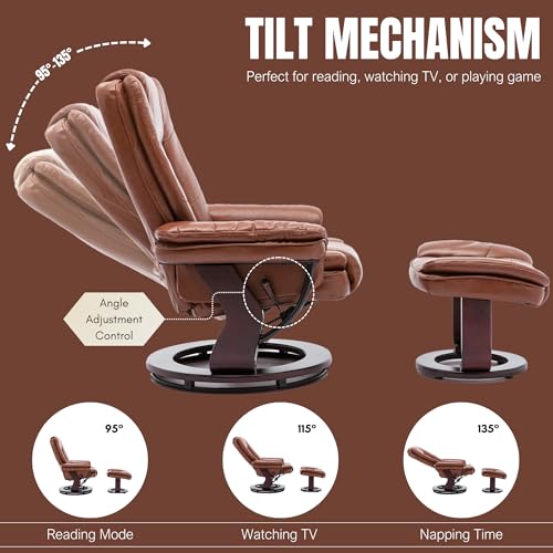 JC Home Argus Swivel Recliner with Ottoman, PU Leather & Wood Base Reclining Chair with Footrest, Ultra-Plush Double Foam for Living Room, Bedroom and Office