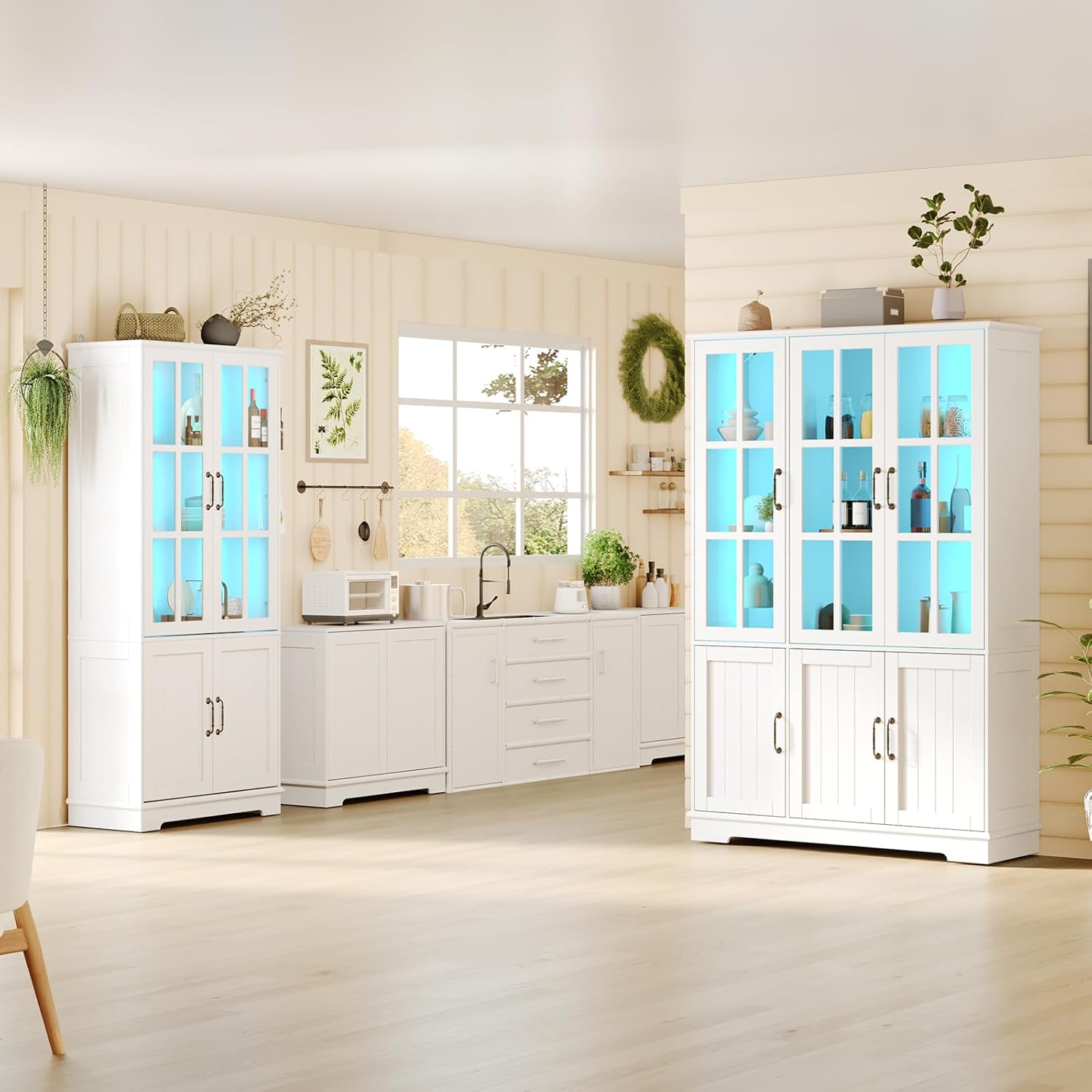AMERLIFE 71" Tall Storage Cabinet with LED Lights, 5 Tier Large Modern Wood Kitchen Pantry with Acrylic Glass Doors & Shelves, Display Cabinet for Living Room, Dining Room, Bathroom, 6 Doors White