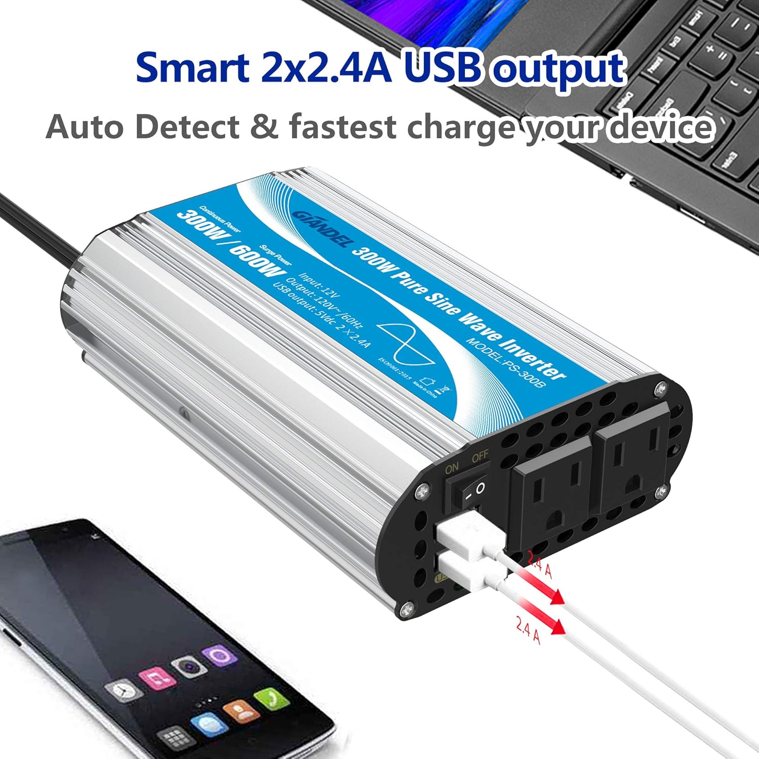 GIANDEL Power Inverter Pure Sine Wave 600Watt 12V DC to 110V 120V with Remote Control Dual AC Outlets and USB Port for RV Car Solar System Emergency