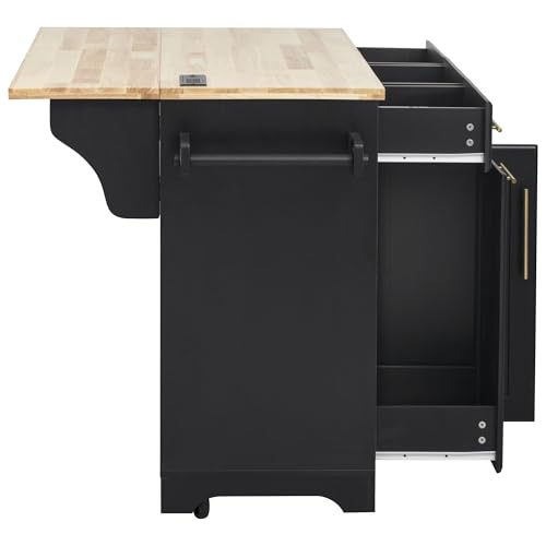 Merax 59.3" Kitchen Island with Storage, 2 Pull Out Cabinet Organizers & Rubber Wood Drop Leaf, Rolling Island Table with Trash Can Storage, Power Outlet, Spice & Towel Rack for Kitchen Dining, Black