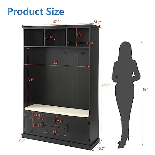 70.9 Inch Black Hall Tree, 3 in 1 Farmhouse Mudroom Bench with Storage and 4 Hooks, Wood Entryway Coat Rack Shoe Bench, Soft Cushion and Storage Drawers for Living Room, Bedroom, Hallway