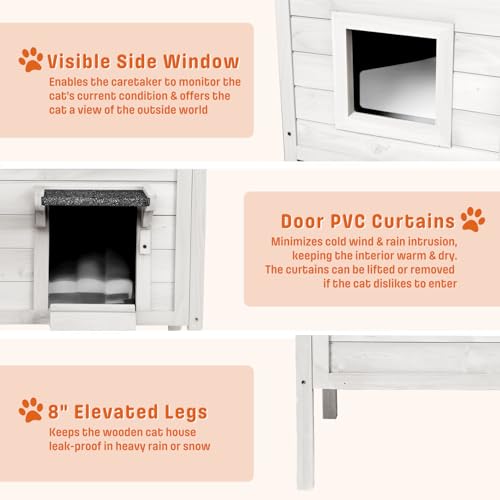 BRIOPAWS Outdoor-Cat-House-Insulated | Feral-Cat-Shelter for Winter | Weatherproof | Large Wooden Pet House for Multiple Cats | Foldable Ladder | Acrylic Side Window | Grey