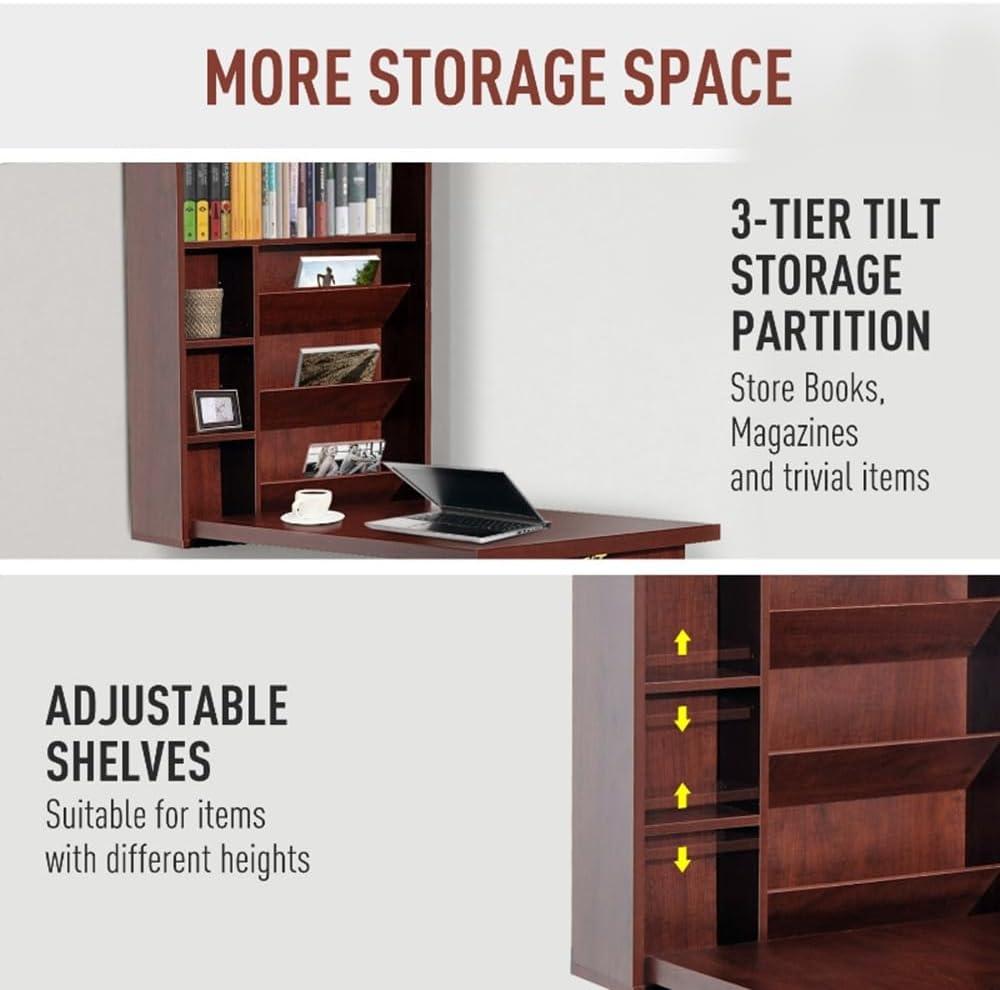 Wall Mounted Desk, Fold Out Convertible Floating Desk, Space Saving Computer Desk Hanging Table with Storage Area,Mahogany