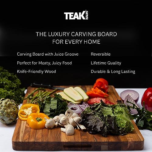 Teakhaus Cutting Board - Extra Large (XL) Wood Cutting Board with Grip Handles - Reversible Teak Edge Grain Wood - Knife Friendly - FSC Certified