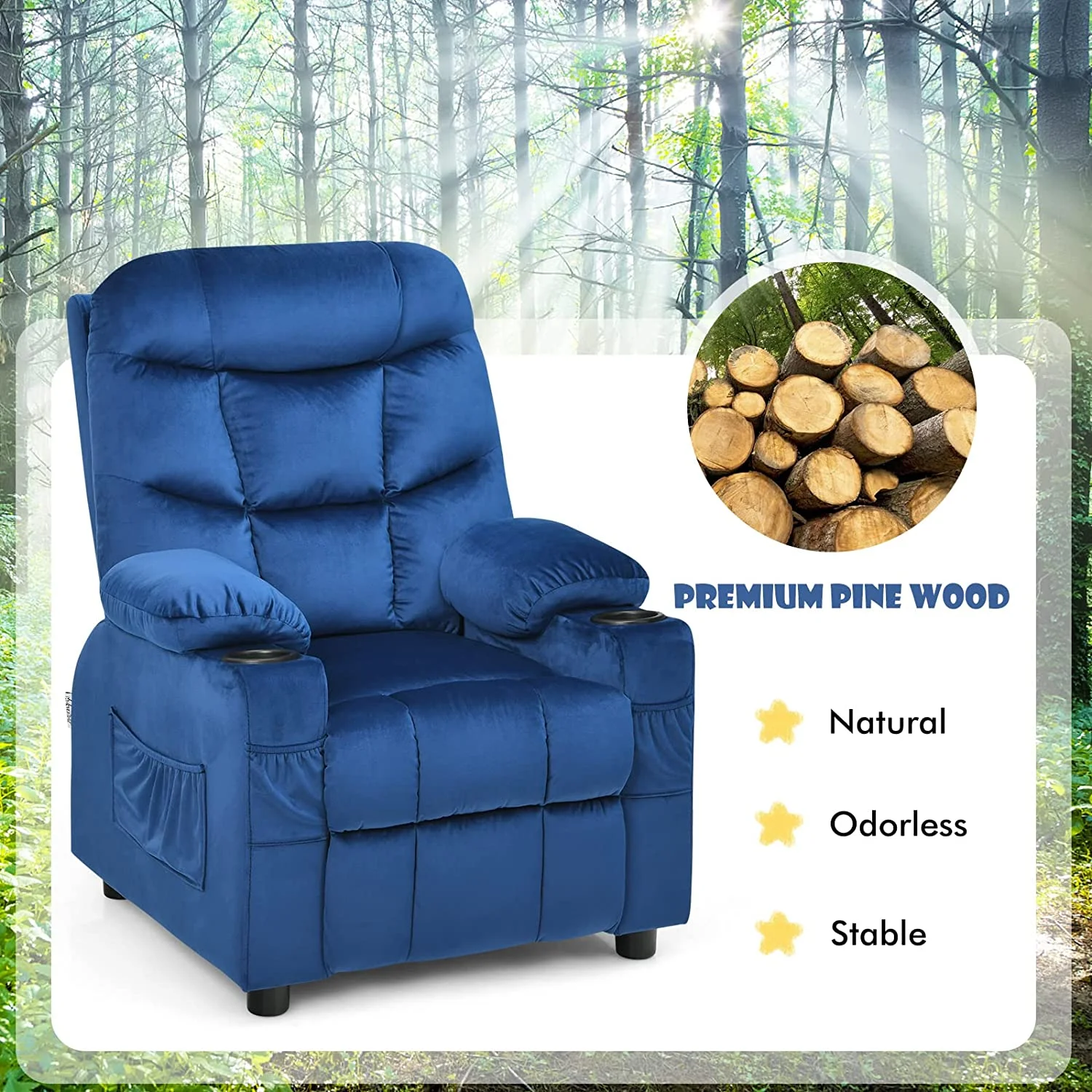 Kids Recliner Chair, Toddler Armchair Upholstered Couch with Cup Holder, Child Furniture for Ages，Adjustable Lounge Recliner，Blue