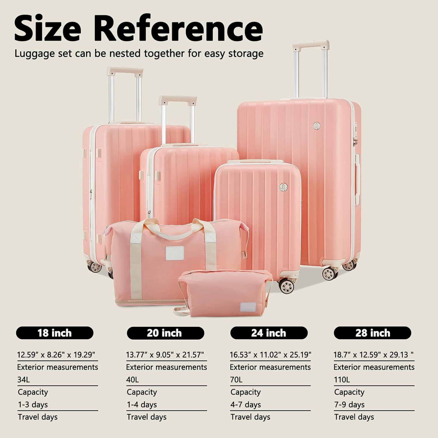 imiomo Luggage Sets 4 Piece Expandable Luggage Set with 2 toiletry bags , Hardside Carry on Suitcase with USB Port Cup Holder, Travel Luggage Suitcase with Spinner Wheels TSA Lock, Pink Beige