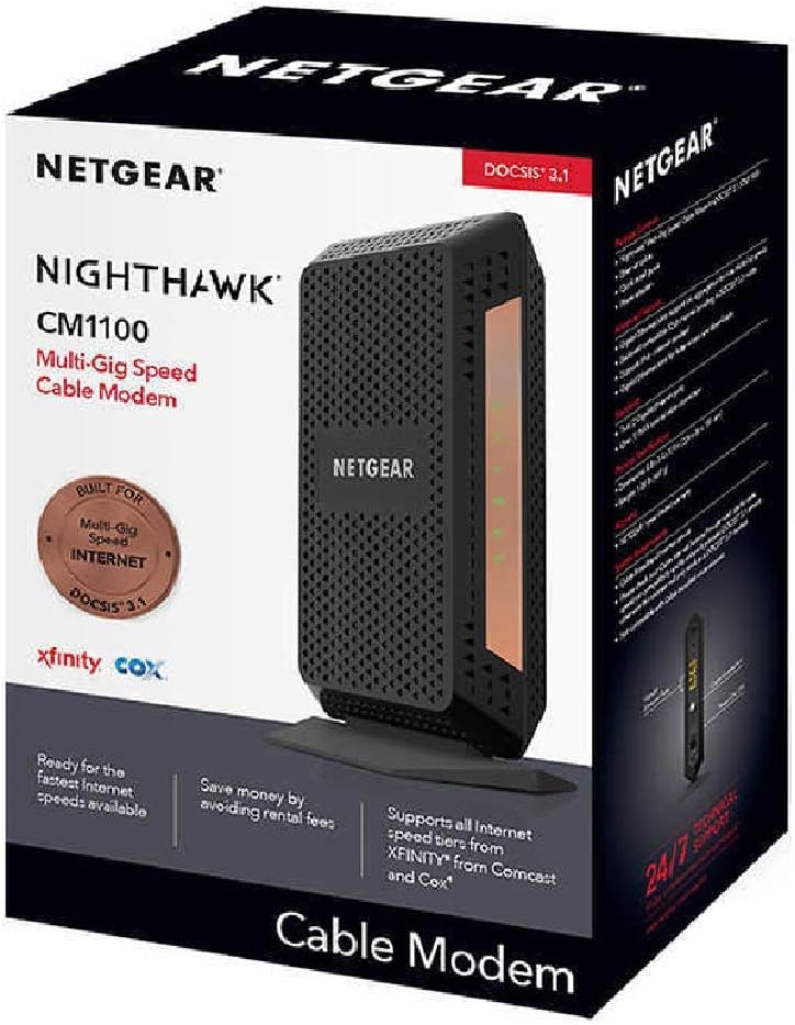 NETGEAR Nighthawk® Multi-Gig Speed Cable Modem DOCSIS® 3.1 for XFINITY® by Comcast, Spectrum® and Cox. (CM1100)