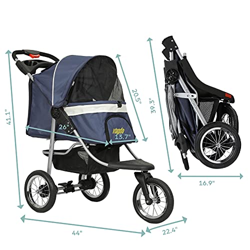VIAGDO Premium Heavy Duty Dog Stroller for Small Medium Dogs & Cats, 3-Wheel Pet Stroller, Foldable Cat Strollers with Suspension System/Link Brake/One-Hand Fold, Max. Loading 55 LBS Black Red
