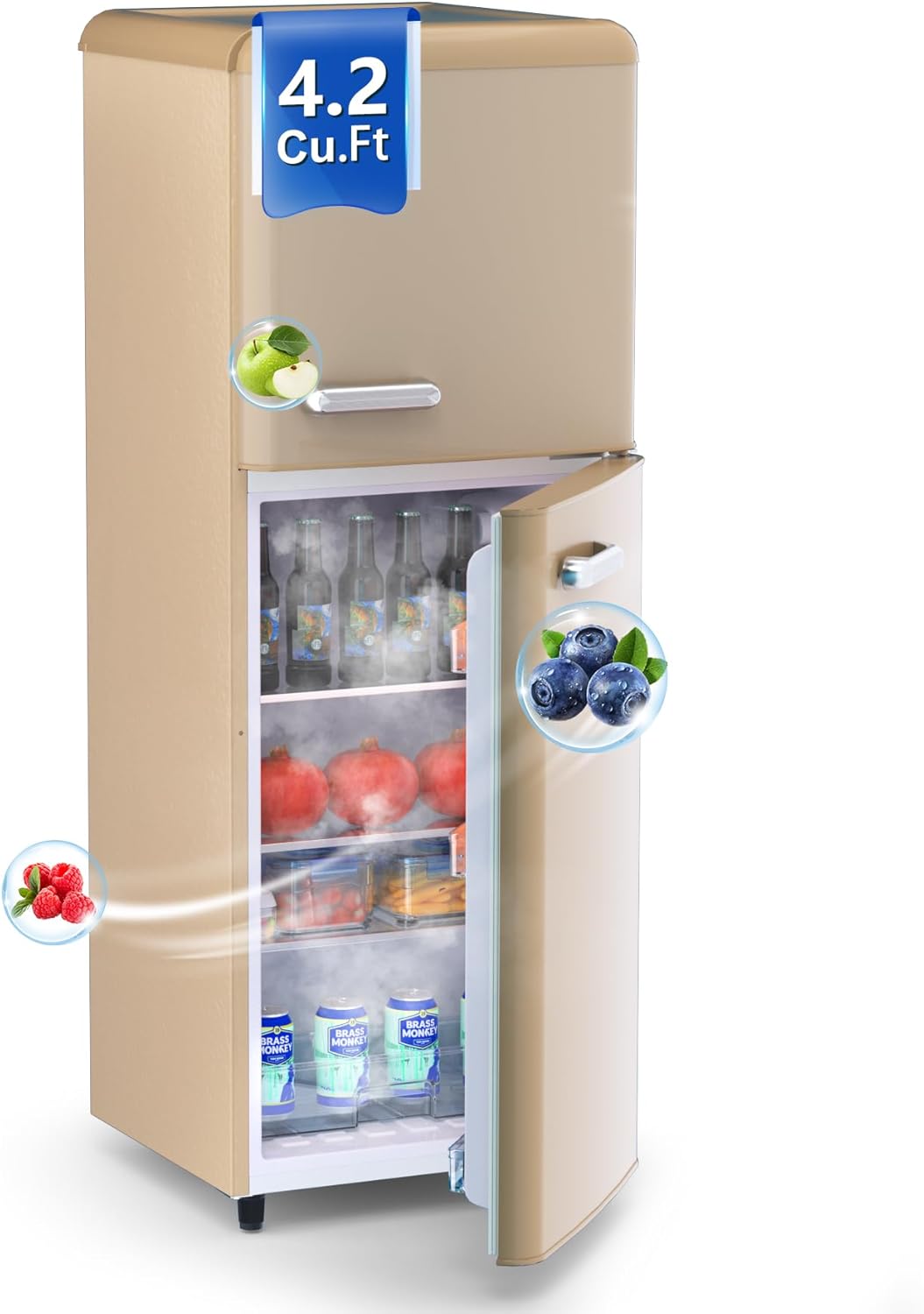 Retro Mini Fridge with Freezer for Dorm,4.2 Cu. Ft. Mini Fridge with Freezer Retro Style Double Door Small Fridge with Adjustable Thermostat, Retro Dorm Fridge with Freezer for Apartment,Office(Gold)