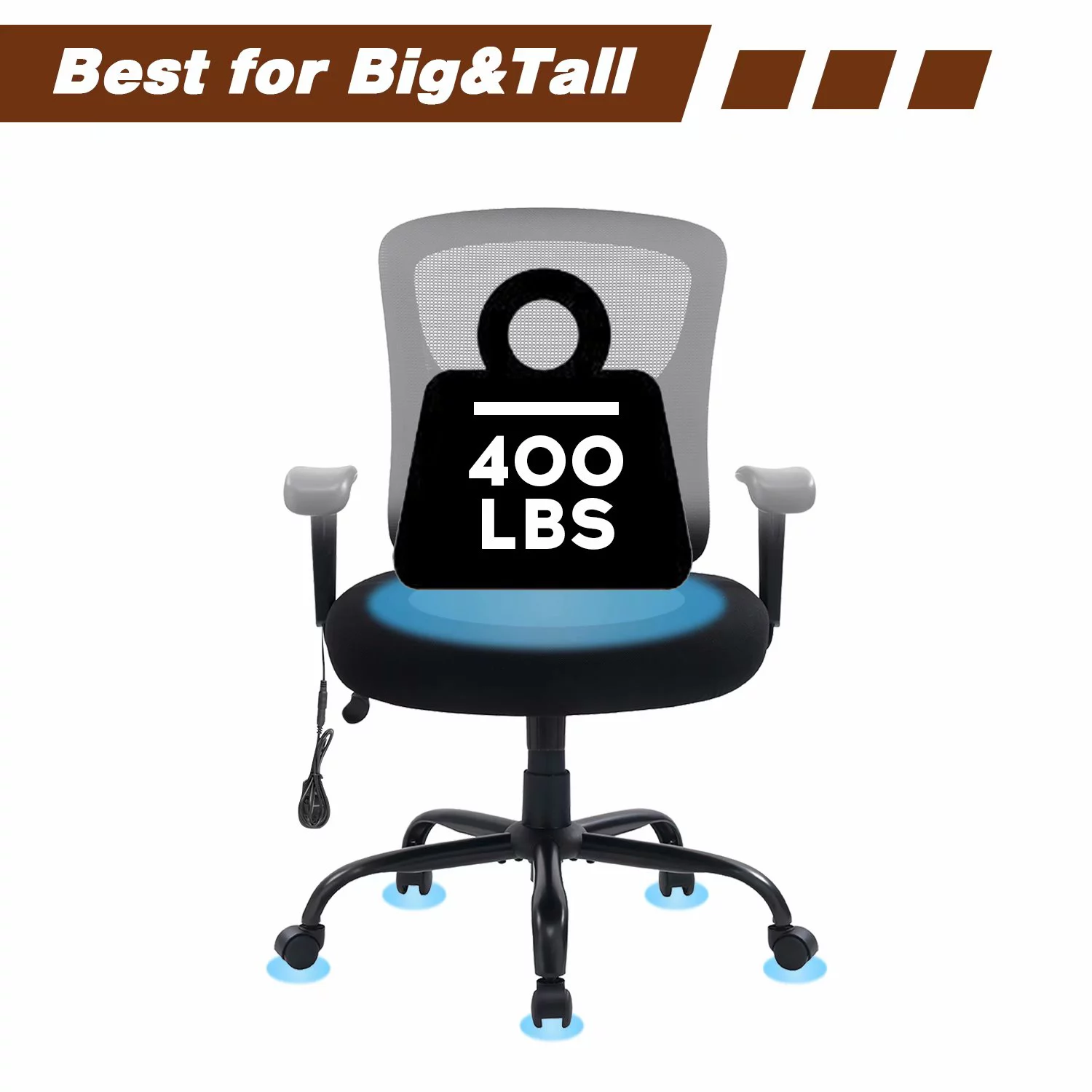 Bigroof Office Chair, 400 lbs Task Office Chair Ergonomic Wide Seat Mesh with Massage Lumbar Support and Adjustable Armrest Home Computer Chair for Heavy People