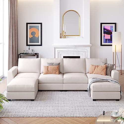 RWRAPS Modern Linen Sectional Sofa Set Convertible Corner Couch w/Removable Ottomans Chaise &Padded Seat/Cushions for Reception Room,Free Combination Living Room Set w/Wide Armrest&Wood Legs for Home