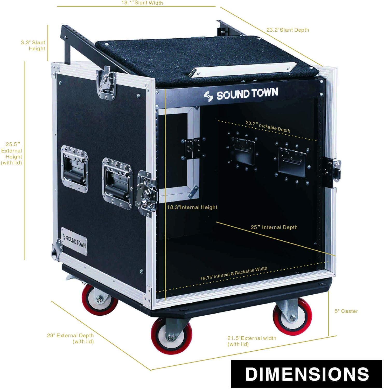 Sound Town 8U PA DJ Pro Audio Rack/Road ATA Case with 13U Slant Mixer Top, 23.5’’ Rackable Depth and Casters, 8 Space Size, Pro Tour Grade (STMR-8UW)