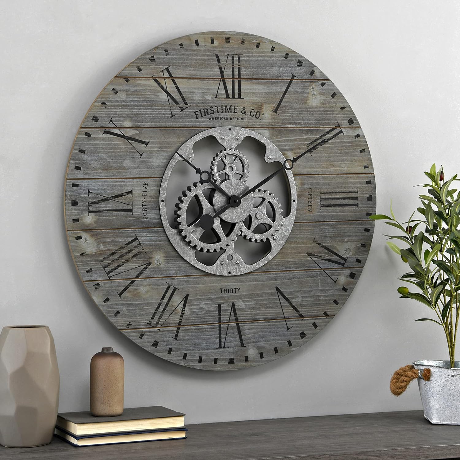 FirsTime & Co.® Black Shiplap Gears Farmhouse Wall Clock, American Designed, Black, 27 x 2 x 27 inches
