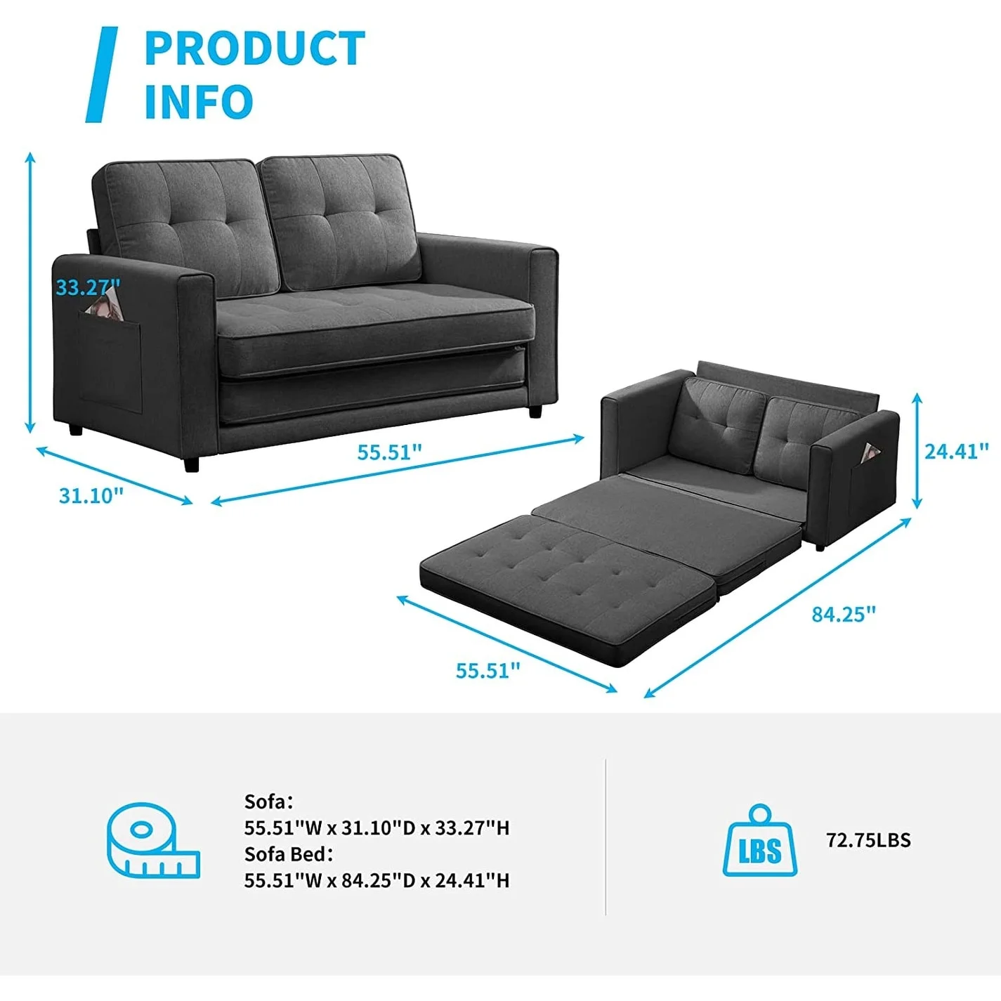 Mixoy 84"Modern 3-in-1 Loveseat Sleeper Sofa,Multi-Function Tri-Fold Fold Out Floor Sofa Bed Dark Grey - Curated Treasures Market