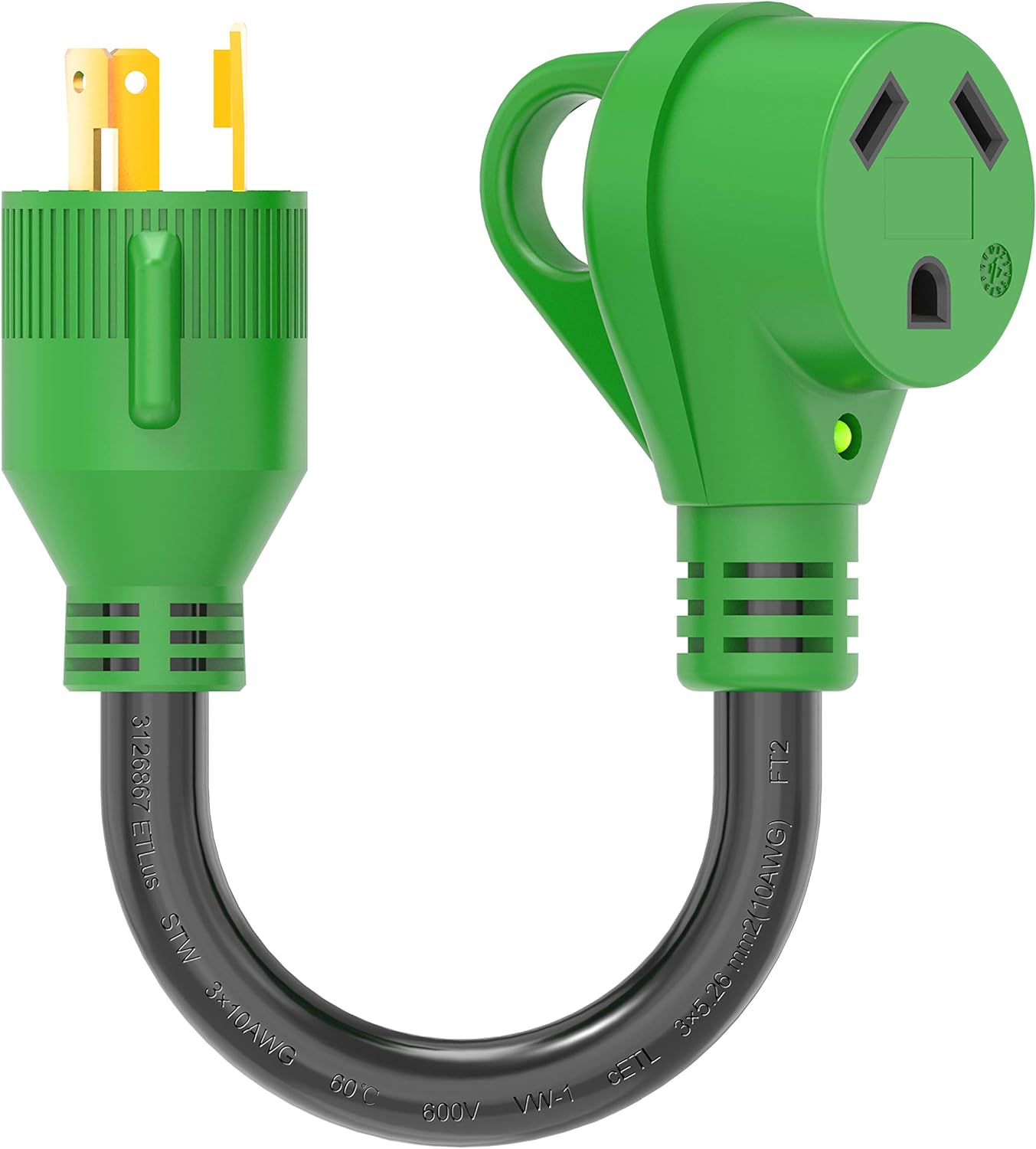 RVGUARD 4 Prong 30 Amp to 30 Amp RV Generator Adapter Cord 12 Inch, STW 10/3, L14-30P Locking Male Plug to TT-30R Female with LED Power Indicator, Green