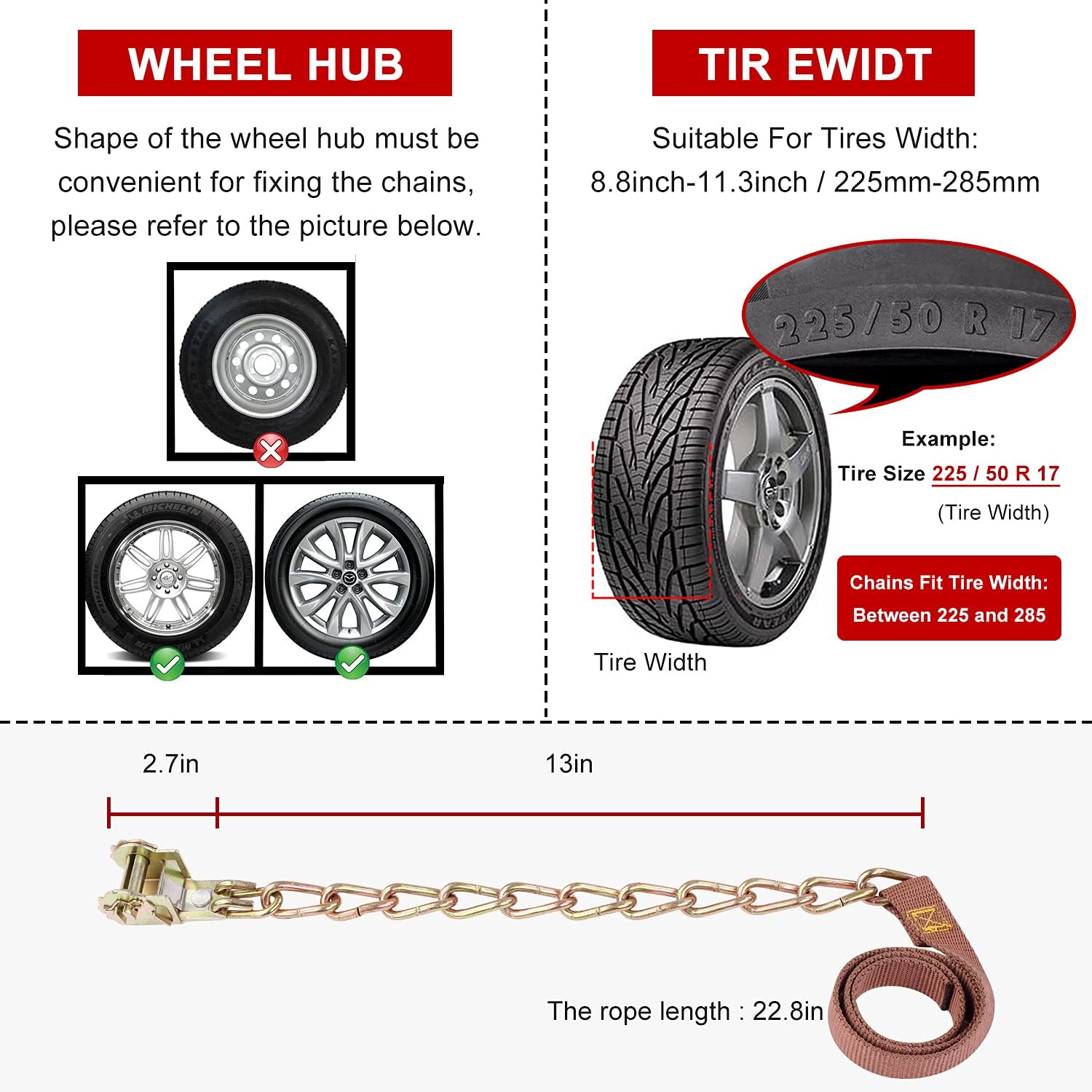 Tire Chains, Snow Chains 12 pcs for Trucks Suvs, Cars, Sedan, Family Automobiles with Update Adjustable Lock for Ice, Snow,Mud,Sand,Applicable Tire Width 225-285 mm /8.8-11.3in