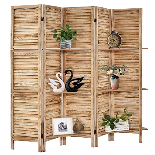 Room Divider with Shelves, Privacy Screen, Room Dividers and Folding Privacy Screens, 5 Panel Wood Temporary Wall Partition Separation Separator, Coconut