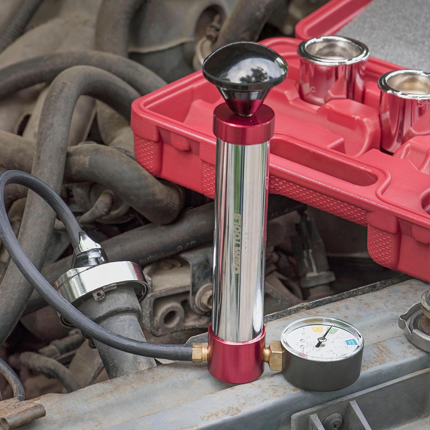 OEMTOOLS 27065 Radiator and Cap Test Kit, Pressure Tester for Coolant System, Tests Pressure Caps and Coolant Systems for Leaks, Works with Many Coolant Systems