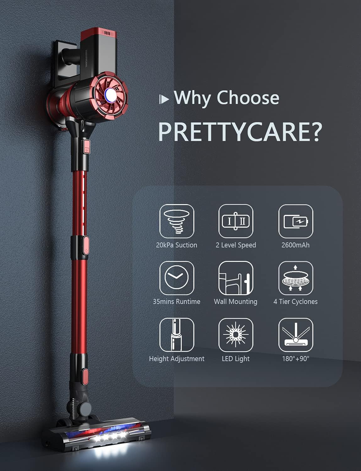 Cordless Vacuum Cleaner, 180W Powerful Suction Stick Vacuum with 35min Long Runtime Detachable Battery, 4 in 1 Lightweight Quiet Vacuum Cleaner Perfect for Hardwood Floor Pet Hair