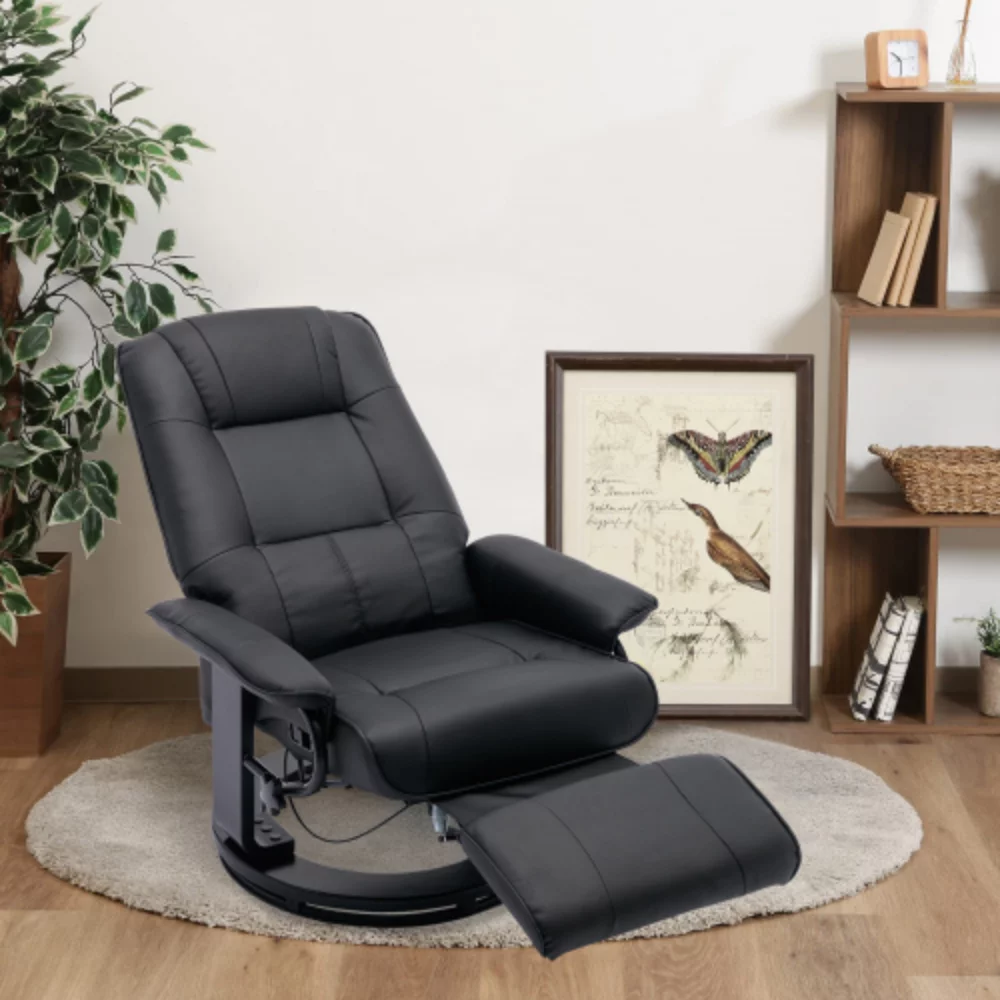 Faux Leather Manual Recliner,Adjustable Swivel Lounge Chair with Footrest,Can Rotate 360 Degrees,L-right Angle Curved Wooden Frame, Armrest and Wrapped Wood Base for Living Room,Black