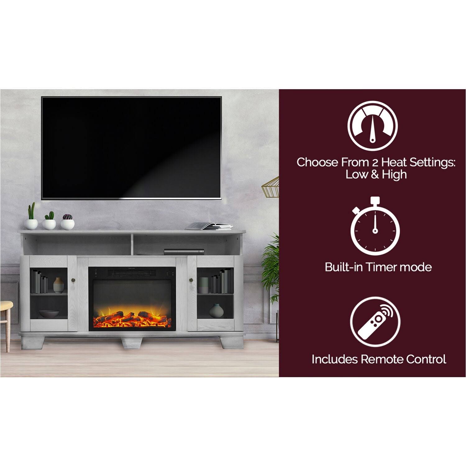 Cambridge Savona 59 in. Electric Fireplace in White with Entertainment Stand and Enhanced Log Display