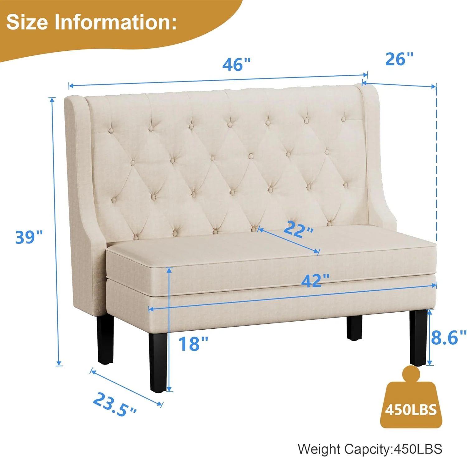 Loveseat Settee Bench with Natural Rattan Arms,Upholstered Modern High-Back Mini Sofa Couch,Banquette Dining Bench for Living Dining Room Bedroom Office Small Space Entryway,Light Grey