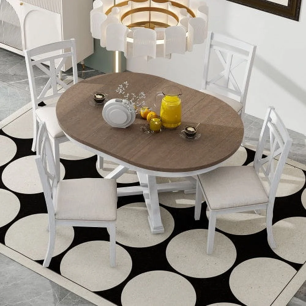 5-Piece Retro Functional Dining Table Set Extendable Round Table and 4 Upholstered Chairs for Dining Room and Living Room (Brown+Antique White)