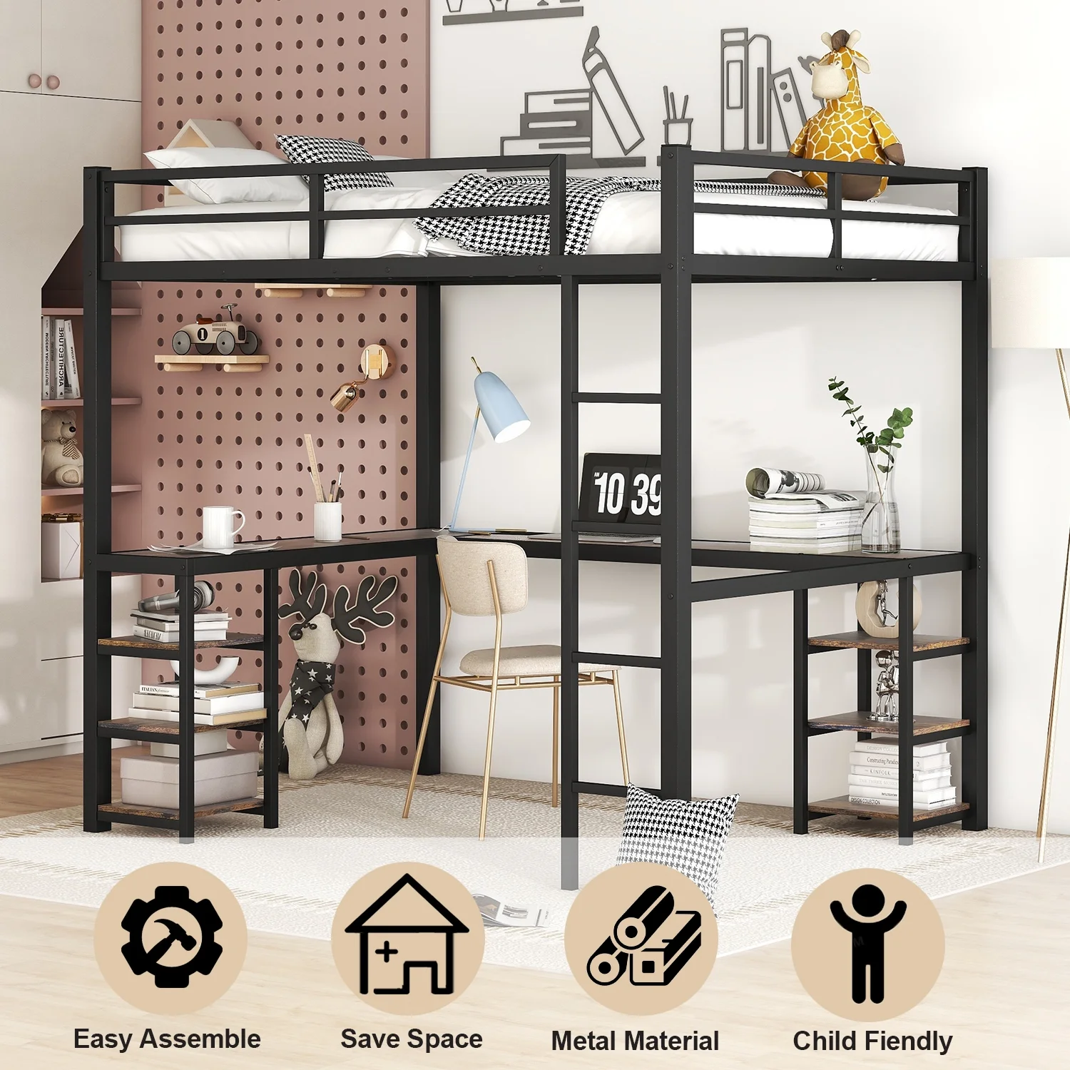 Bellemave Full Size Loft Bed with Desk and Shelves, Metal Heavy-Duty Steel Loft Bed Frame Built-in Ladder for Boy Girls Teens Kids Adults(Black）