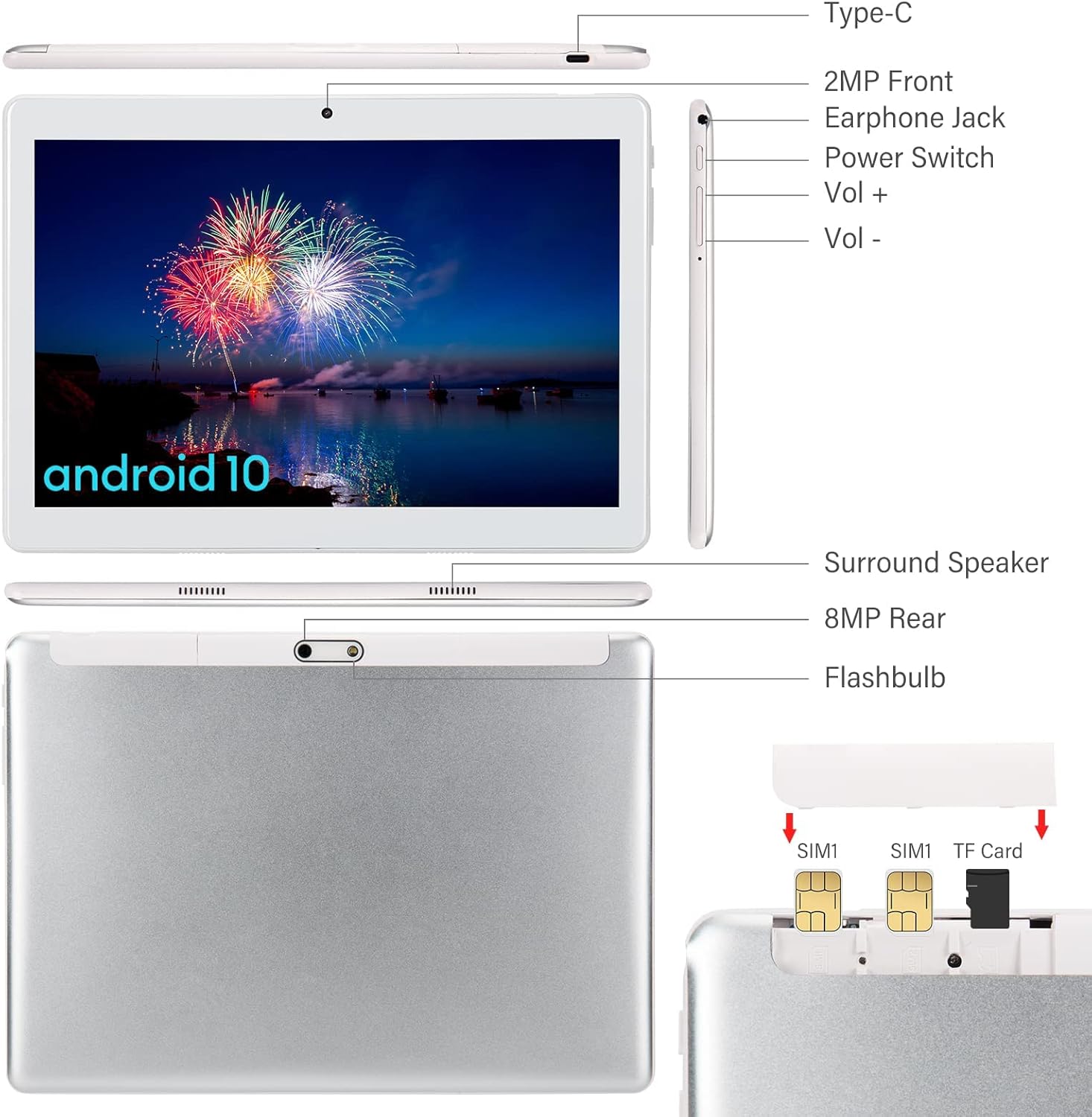 10 inch Android Tablet, 2GB RAM 32GB Storage, 1.8Ghz Processor, 10.1 IPS HD Display, Micro HDMI, 2.4G 5G WiFi, Metal Body Black