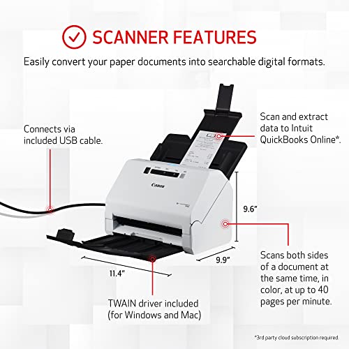 Canon imageFORMULA R40 - Office Document Scanner, Windows and Mac, Duplex Scanning, Easy Setup, Scans a Wide Variety of Documents, Scans to Cloud