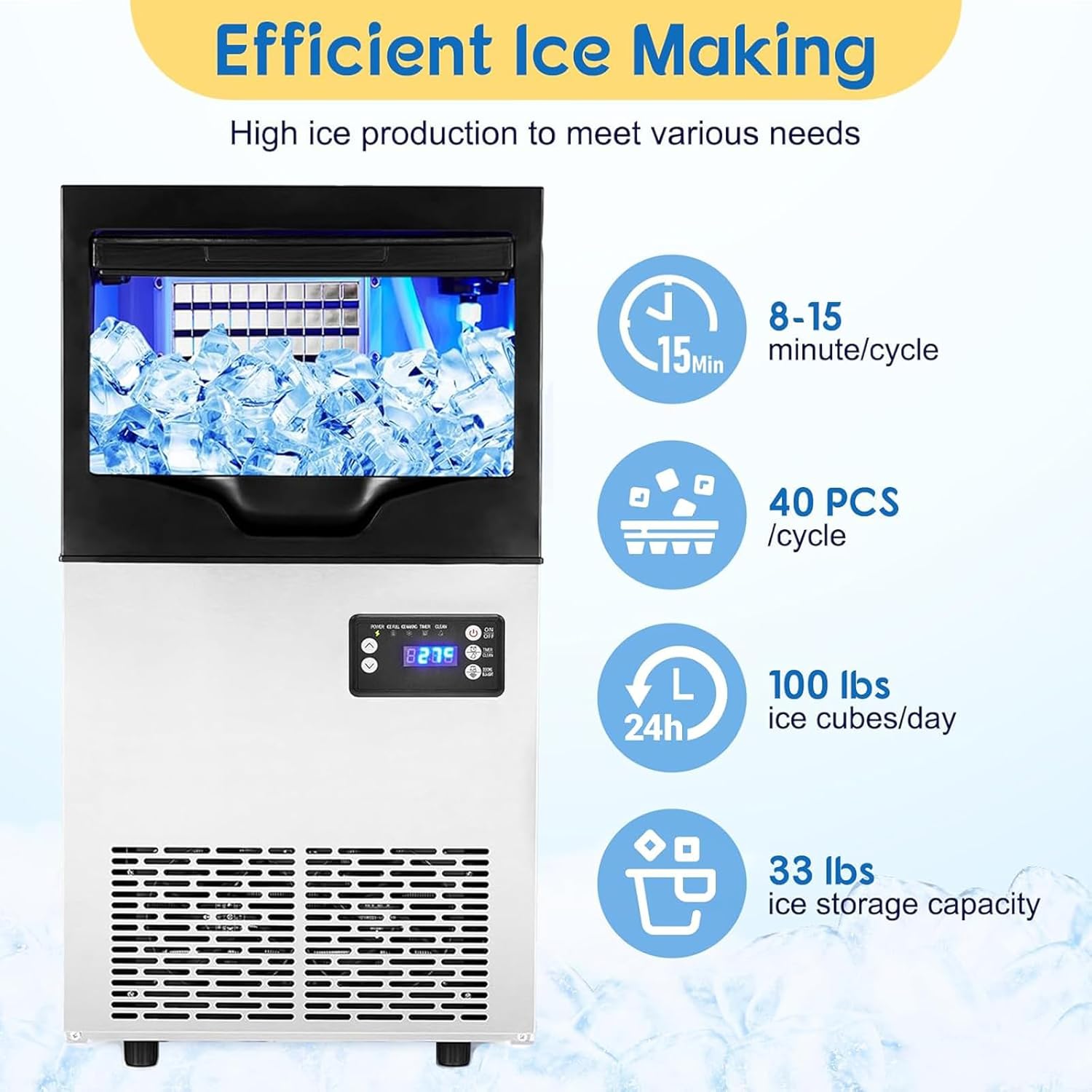Commercial Ice Maker Machine 100LBS/24H, Stainless Steel Under Counter ice Maker Machine, 33LBS Ice Storage, LCD Controller, Self Cleaning, Large nugget Ice Maker for Restaurant/Bar/Cafe/Office