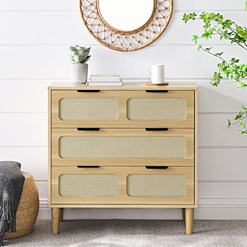 Garteder Modern Rattan Storage Cabinet with Wide Drawers and Metal Handles, Farmhouse Wooden Storage Chest of 3 Drawers for Dining Room, Living Room, Hallway, Entryway