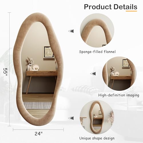 Honyee Full Length Mirror, 63" x 24" Wall Mirror, Flannel Wrapped Wooden Frame Floor Mirror, Irregular Wavy Mirror Hanging or Leaning Against Wall for Cloakroom/Bedroom/Living Room, Milk Tea