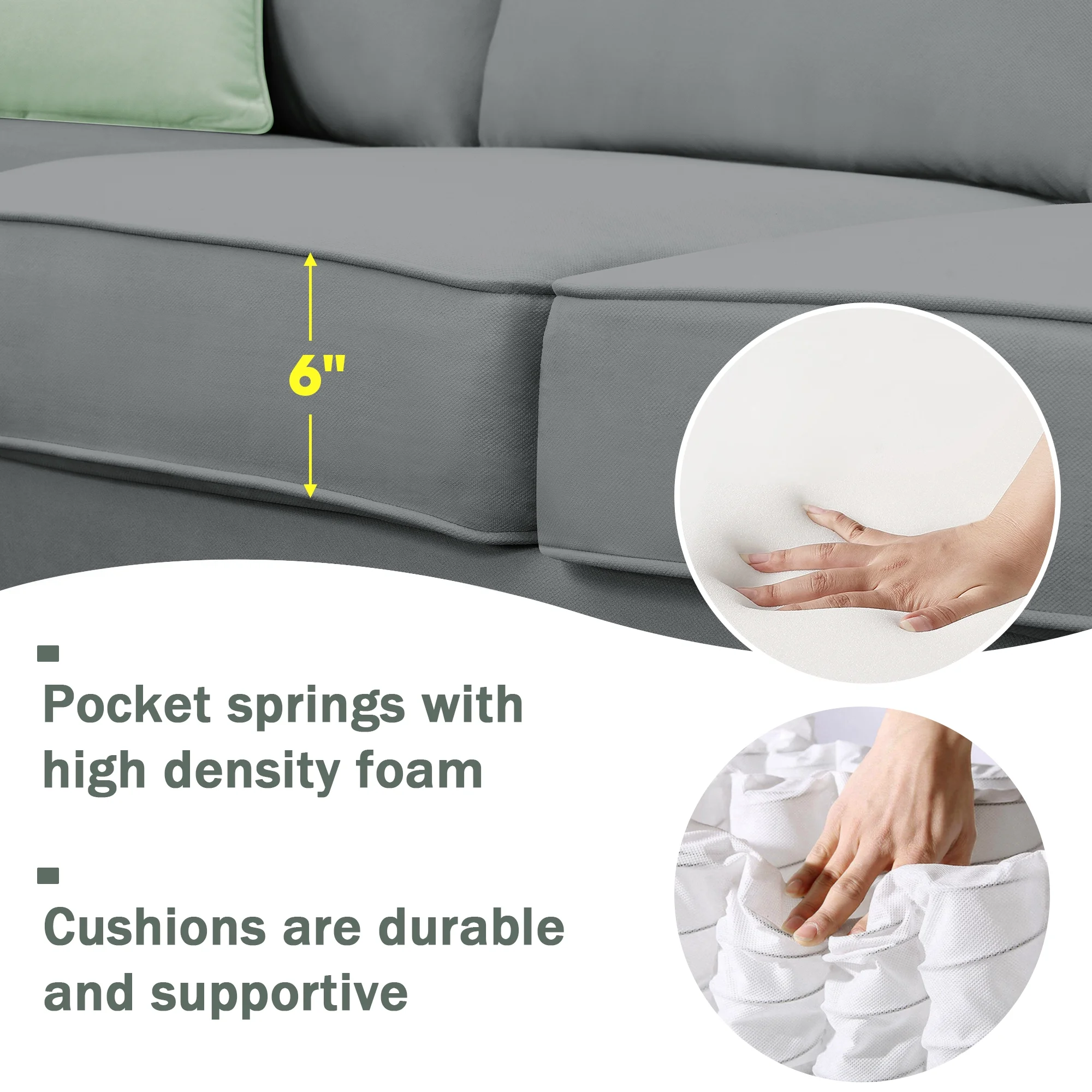 7 Seats Modular Sectional Sofa with Ottoman, L Shape Fabric Sofa Corner Couch Set Living Room Couches Sets with 3 Pillows, Gray, 112" x 87"