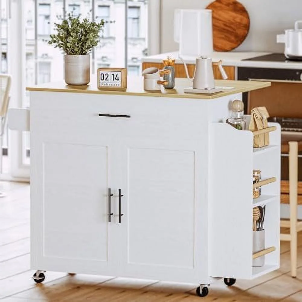 SQCFVGB Kitchen Island with   Rolling Kitchen Island on Wheels with Drop Leaf  3 Open Spice Rack   Door Cabinet  Drawer  Kitchen Cart Island Table for Kitchen  White - Curated Treasures Market