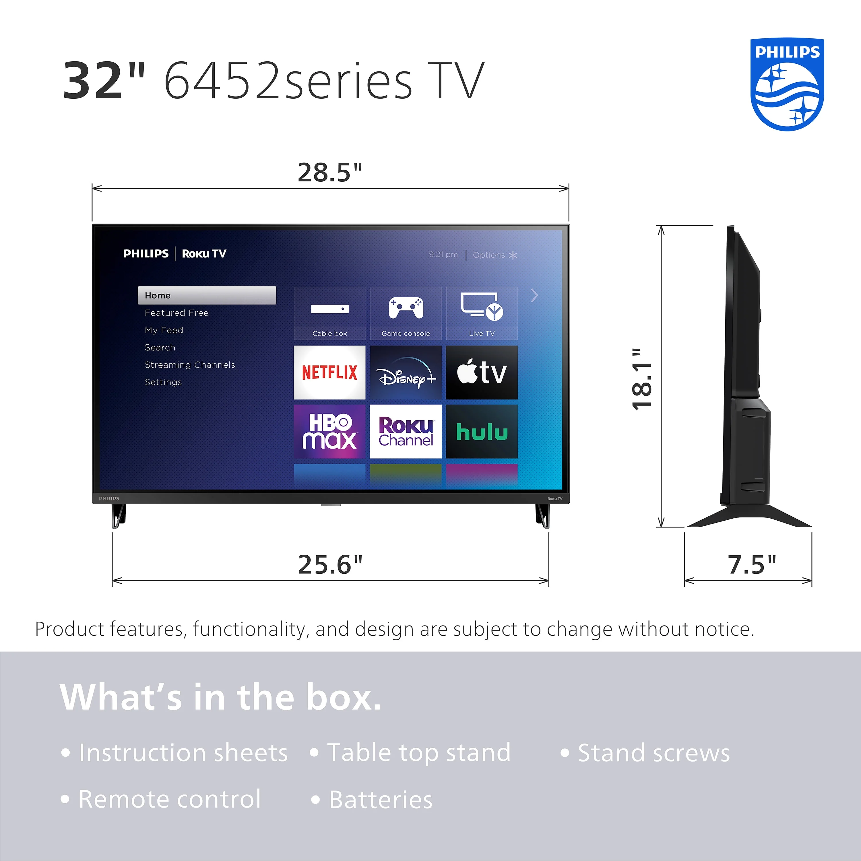 Philips 32 Class HD (720P) Smart Roku Borderless LED TV (32PFL6452/F7) (New)