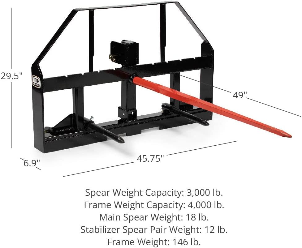 Titan Attachments Pallet Fork Frame Attachment with 49 Hay Spear and Stabilizers, Fits Cat I & II Tractors, Rated 4,000 LB