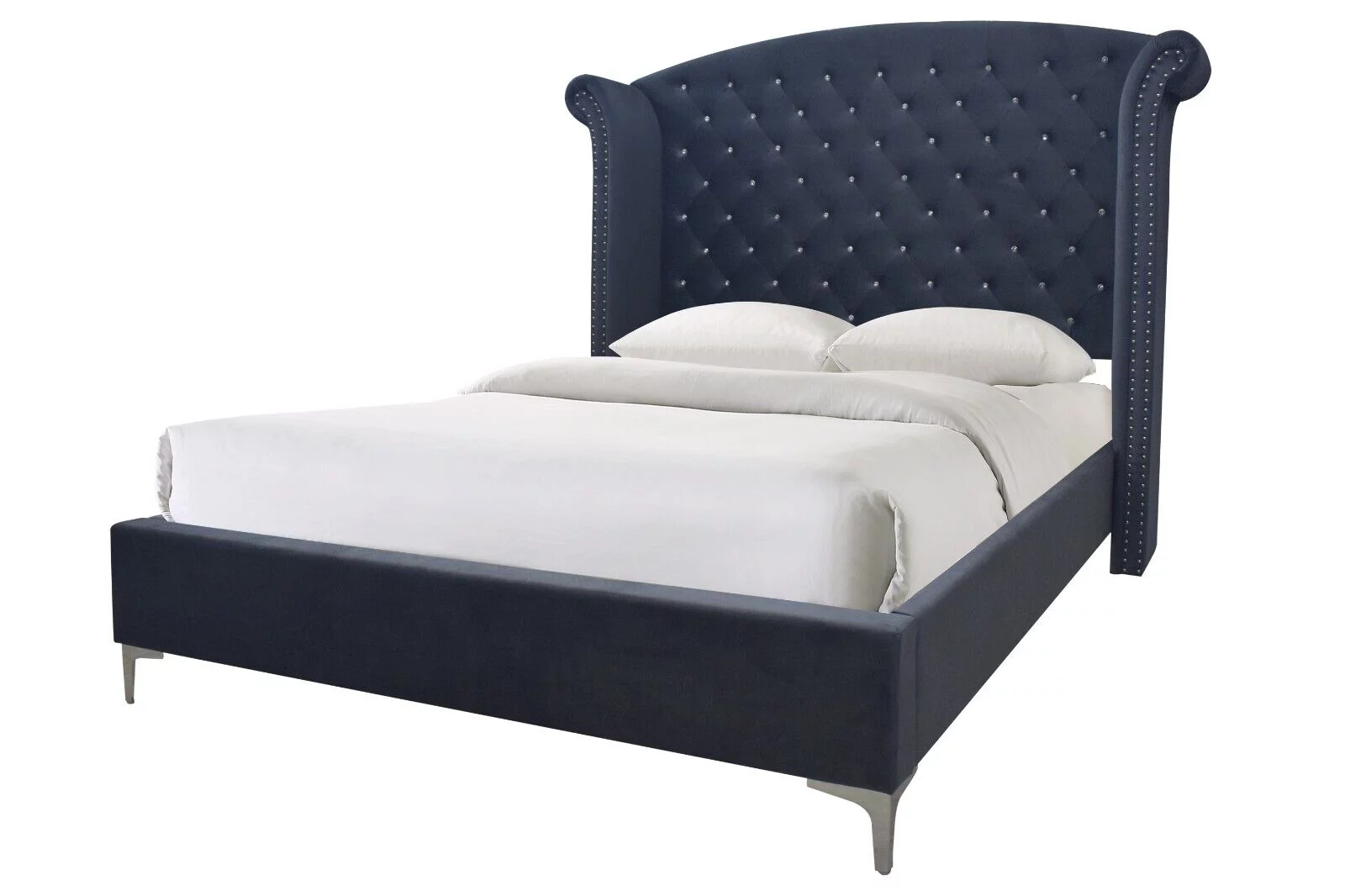 Modern Glamourous Style 3pc King Size Bed Chest Nightstand Bedroom Set Dark Gray Velvet Upholstery Furniture